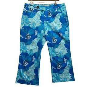 Tommy Hilfiger Blue Green Hawaiin Crop‎ Pants Women Size 14 Stretch Beach Boho